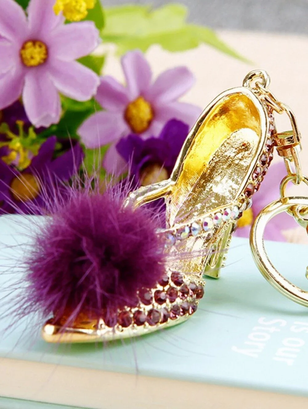 Gold High Heel Pom Pom Keychain with Purple Gems